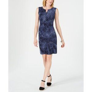 JM Collection Women Petite Small Blue Tie Dye Sequin Keyhole Dress NEW